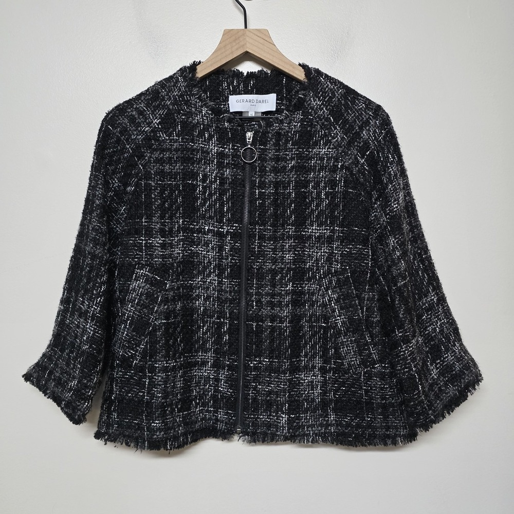 Gerard Darel Paris Womens Tweed Plaid Bouclé Jacket Black White Fringe Hem Sz 40